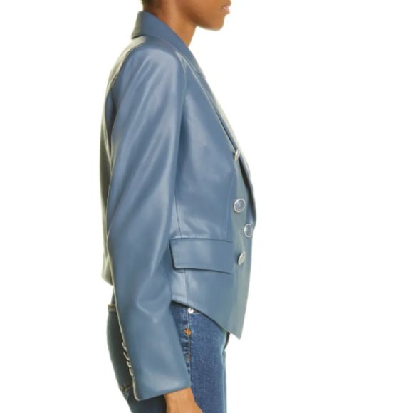 VERONICA BEARD COOKE DICKEY MARINE BLUE FAUX LEATHERETTE JACKET BLAZER sz 16 - Picture 7 of 10
